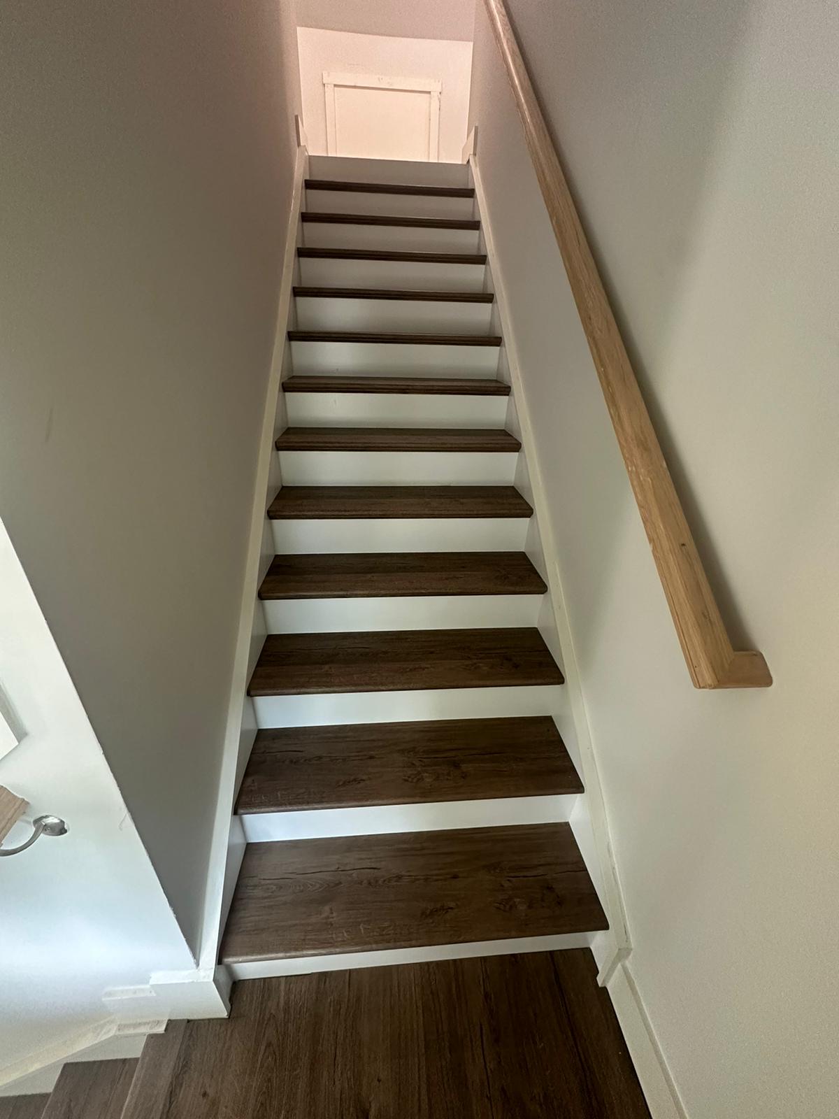 Dark walnut treads with white risers and wood handrail
